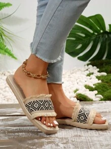 Frauen geflochtenem Design, unbearbeitetem Saum, Pantolette mit , Urlaub Sommer Flache Sandalen mit - Verschiedenfarbig - Übersicht 2