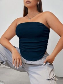SHEIN EZwear Plus Ruched Side Curved Hem Tube Top - Navy Blue - View 5