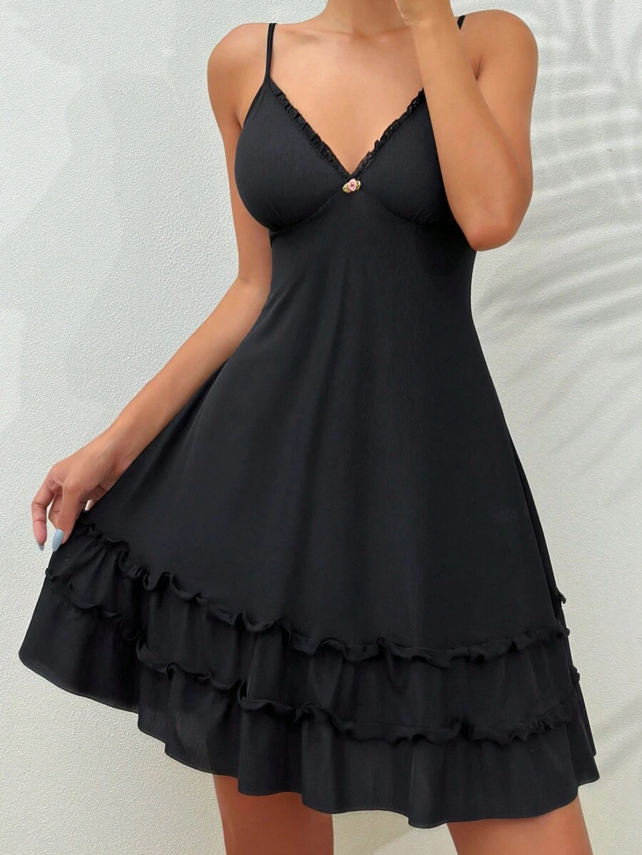 Lace Trim Ruffle Hem Cami Pajama Nightdress - Black - View 1