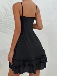 Lace Trim Ruffle Hem Cami Pajama Nightdress - Black - View 2