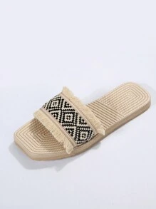 Frauen geflochtenem Design, unbearbeitetem Saum, Pantolette mit , Urlaub Sommer Flache Sandalen mit - Verschiedenfarbig - Übersicht 4