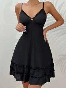Lace Trim Ruffle Hem Cami Pajama Nightdress - Black - View 3