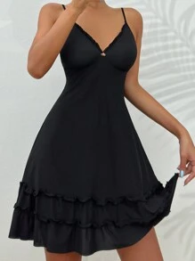 Lace Trim Ruffle Hem Cami Pajama Nightdress - Black - View 4