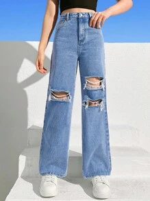 SHEIN Bé Gái Quần Jeans Nút Túi Bị tách Dây kéo màu trơn - Rửa nhẹ - Xem 1