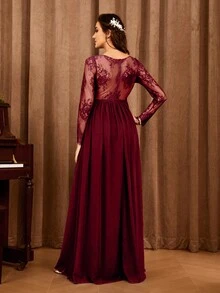 Contrast Lace Split Thigh Bridesmaid Dress - Burgundy - View 2