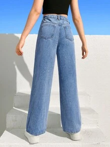 SHEIN Bé Gái Quần Jeans Nút Túi Bị tách Dây kéo màu trơn - Rửa nhẹ - Xem 2