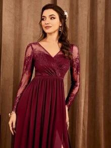 Contrast Lace Split Thigh Bridesmaid Dress - Burgundy - View 5