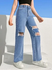 SHEIN Bé Gái Quần Jeans Nút Túi Bị tách Dây kéo màu trơn - Rửa nhẹ - Xem 3