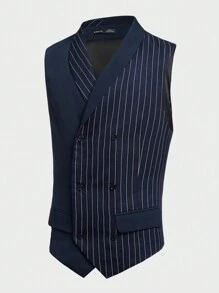Manfinity NiteLyfe 男士1入組豎條紋雙排釦馬甲 - 藏蓝色 - 查看 1
