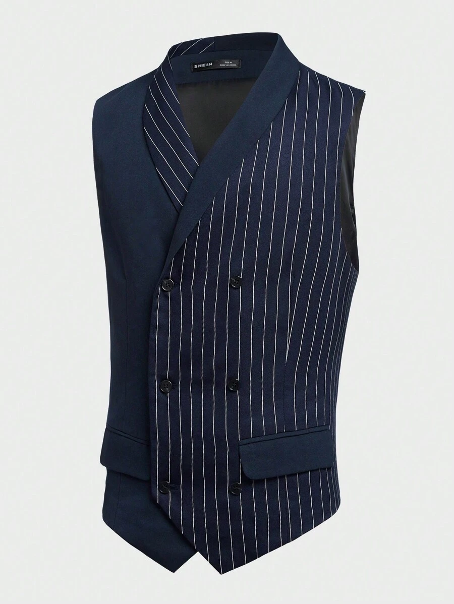 Manfinity NiteLyfe 男士1入組豎條紋雙排釦馬甲 - 藏蓝色 - 查看 1