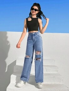 SHEIN Bé Gái Quần Jeans Nút Túi Bị tách Dây kéo màu trơn - Rửa nhẹ - Xem 4
