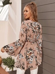 Mulvari 印花喇叭袖不對稱下擺襯衫 - 藕粉色 - 查看 2