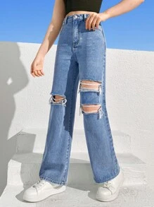 SHEIN Bé Gái Quần Jeans Nút Túi Bị tách Dây kéo màu trơn - Rửa nhẹ - Xem 5