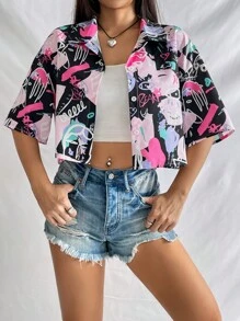 SHEIN EZwear 塗鴉圖案落肩袖襯衫 - 黑色 - 查看 1
