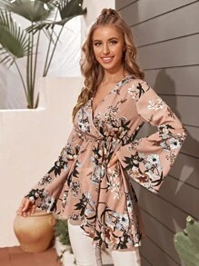 Mulvari 印花喇叭袖不對稱下擺襯衫 - 藕粉色 - 查看 4