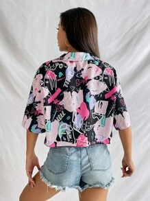 SHEIN EZwear 塗鴉圖案落肩袖襯衫 - 黑色 - 查看 2
