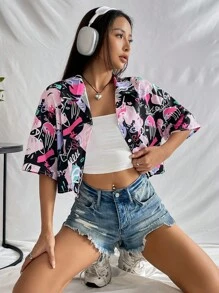 SHEIN EZwear 塗鴉圖案落肩袖襯衫 - 黑色 - 查看 3