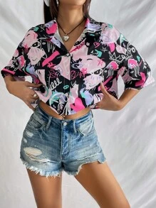 SHEIN EZwear 塗鴉圖案落肩袖襯衫 - 黑色 - 查看 4