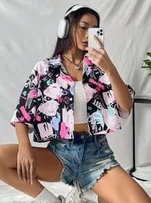 SHEIN EZwear 塗鴉圖案落肩袖襯衫 - 黑色 - 查看 5