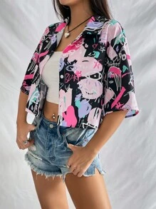 SHEIN EZwear 塗鴉圖案落肩袖襯衫 - 黑色 - 查看 6