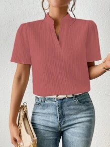 SHEIN Frenchy Solid Notched Neck Puff Sleeve Blouse - Dusty Pink - View 1