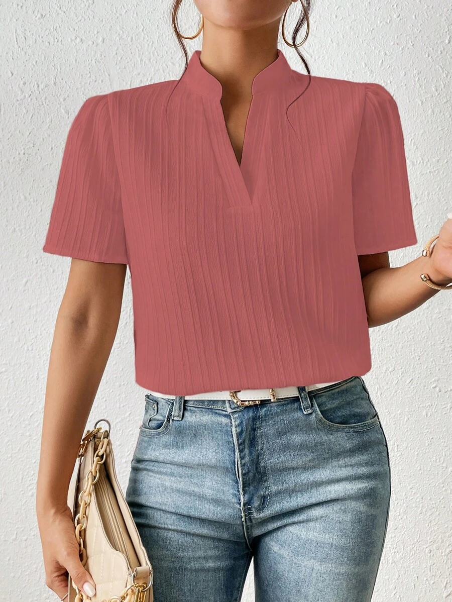 SHEIN Frenchy Solid Notched Neck Puff Sleeve Blouse - Dusty Pink - View 1