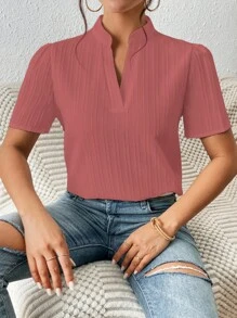 SHEIN Frenchy Solid Notched Neck Puff Sleeve Blouse - Dusty Pink - View 3