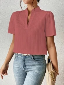SHEIN Frenchy Solid Notched Neck Puff Sleeve Blouse - Dusty Pink - View 4
