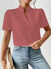 SHEIN Frenchy Solid Notched Neck Puff Sleeve Blouse - Dusty Pink - View 5