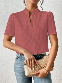 SHEIN Frenchy Solid Notched Neck Puff Sleeve Blouse - Dusty Pink - View 6