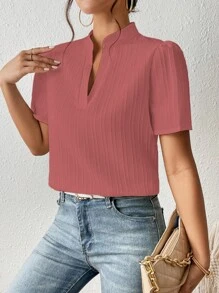 SHEIN Frenchy Solid Notched Neck Puff Sleeve Blouse - Dusty Pink - View 7
