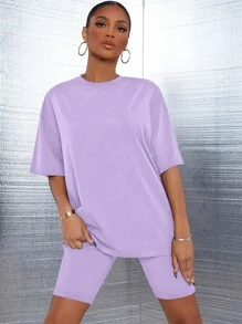 SHEIN SXY Bộ đồ hai mảnh nữ màu trơn Giải trí - Màu Lilac Tím - Xem 1