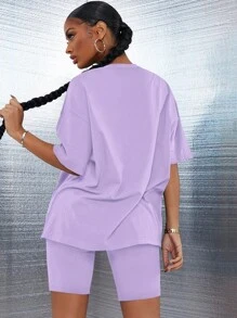 SHEIN SXY Bộ đồ hai mảnh nữ màu trơn Giải trí - Màu Lilac Tím - Xem 2