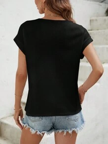 SHEIN Frenchy 素色蝙蝠袖華夫格編織T恤 - 黑色 - 查看 2