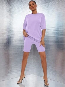 SHEIN SXY Bộ đồ hai mảnh nữ màu trơn Giải trí - Màu Lilac Tím - Xem 4