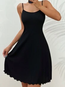 SHEIN 素色木耳邊吊帶睡裙 - 黑色 - 查看 4