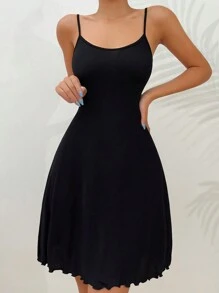 SHEIN 素色木耳邊吊帶睡裙 - 黑色 - 查看 5