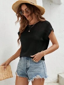 SHEIN Frenchy 素色蝙蝠袖華夫格編織T恤 - 黑色 - 查看 4