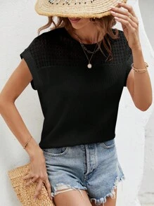 SHEIN Frenchy 素色蝙蝠袖華夫格編織T恤 - 黑色 - 查看 6