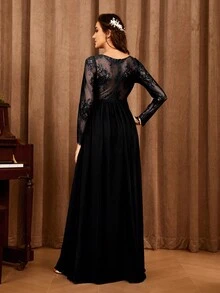 蕾絲拼接高衩伴娘連衣裙 - 黑色 - 查看 2