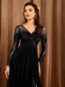 蕾絲拼接高衩伴娘連衣裙 - 黑色 - 查看 4