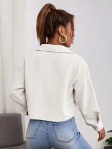 SHEIN PETITE 秋冬款小號女式落肩翻蓋口袋燈芯絨夾克 - 白色 - 查看 2
