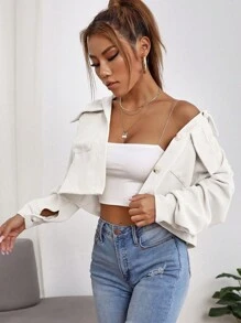 SHEIN PETITE 秋冬款小號女式落肩翻蓋口袋燈芯絨夾克 - 白色 - 查看 3