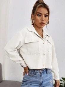 SHEIN PETITE 秋冬款小號女式落肩翻蓋口袋燈芯絨夾克 - 白色 - 查看 5