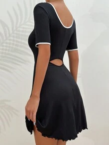 Contrast Binding Lettuce Trim Split Hem Lounge Dress - Black - View 2