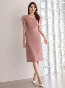 DAZY Sukienka letnia z kwadratowym dekoltem i bufiastymi rękawami - Różowy - Zobacz 1