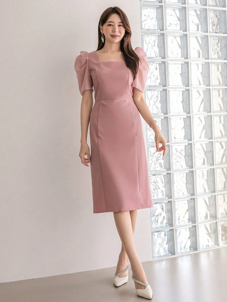 DAZY Sukienka letnia z kwadratowym dekoltem i bufiastymi rękawami - Różowy - Zobacz 1