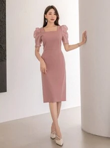 DAZY Sukienka letnia z kwadratowym dekoltem i bufiastymi rękawami - Różowy - Zobacz 3