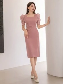 DAZY Sukienka letnia z kwadratowym dekoltem i bufiastymi rękawami - Różowy - Zobacz 6