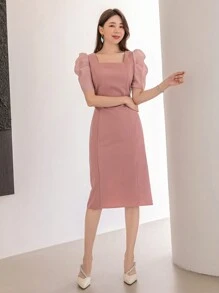 DAZY Sukienka letnia z kwadratowym dekoltem i bufiastymi rękawami - Różowy - Zobacz 7